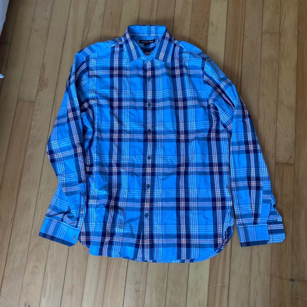 Michael Kors Classic Fit Plaid Long Sleeve Button Down Shirt Men's L Blue Orange
